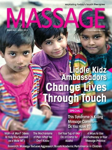 MASSAGE Magazine April 2018 cover featuring the award-winning Massage for Children story